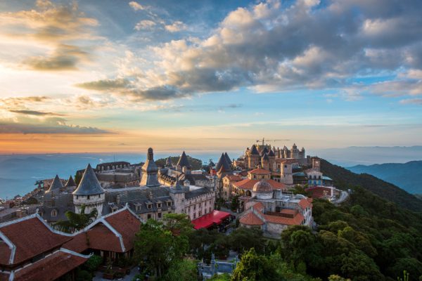 Aerial view of Ba Na Hills, amusement park and temples.