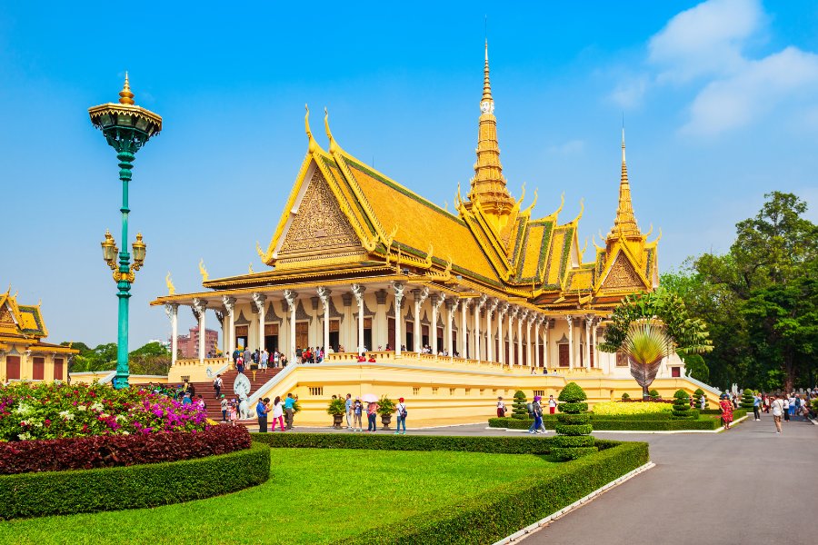 Royal Palace in Phnom Penh with golden spires and manicured gardens