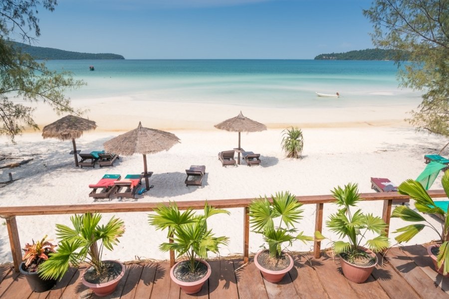 White sandy beach and turquoise water at Koh Rong Island, Cambodia
