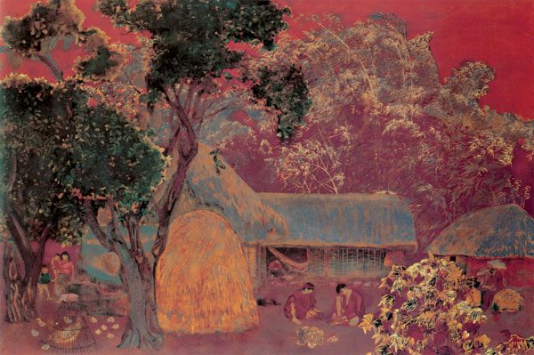 Cottage under jackfruit's root (Lacquer painting) by Nguyen Van Ty