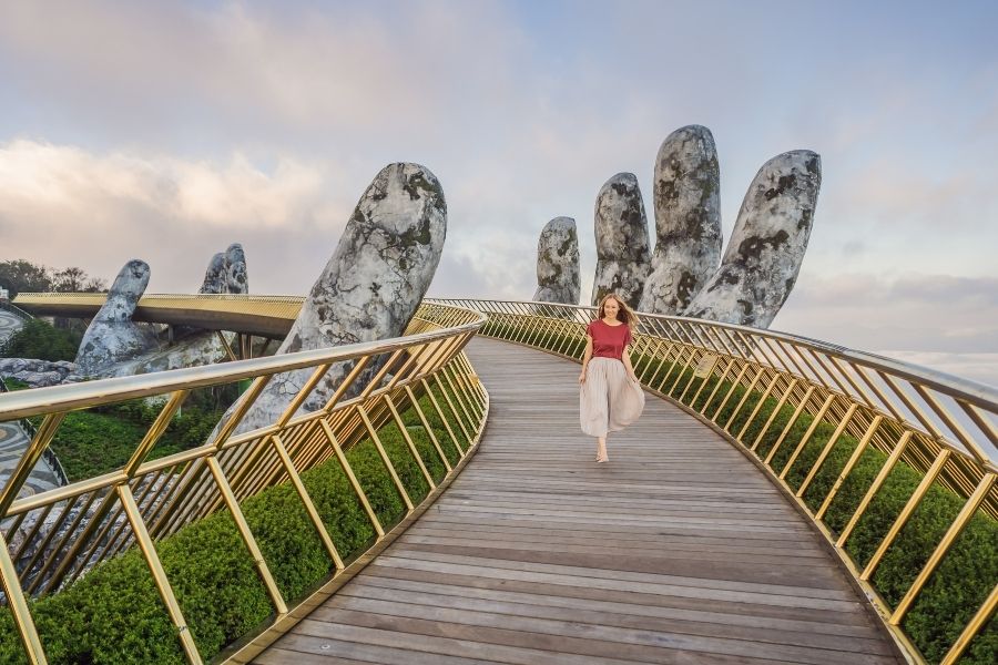 Golden Bridge in Da Nang held up by giant marble stone hands, an iconic spot to visit during 7 days in Vietnam.