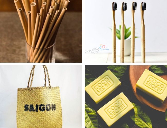 Some lovely eco-friendly products you can buy in Vietnam: Bamboo straws, bamboo toothbrushes, bamboo tote bags and handmade soaps