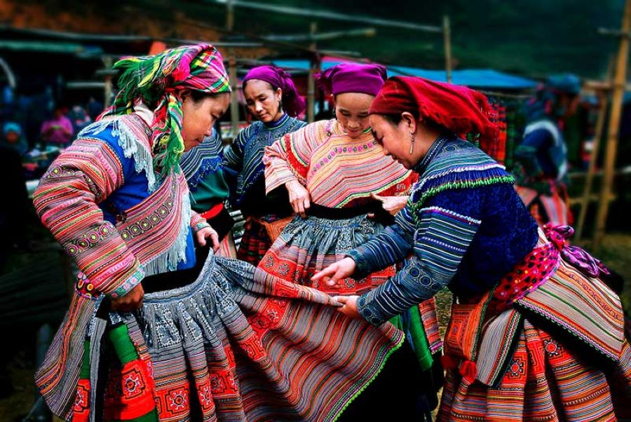 H'Mong women in their traditional attire - Sapa ethnic customs and clothing.