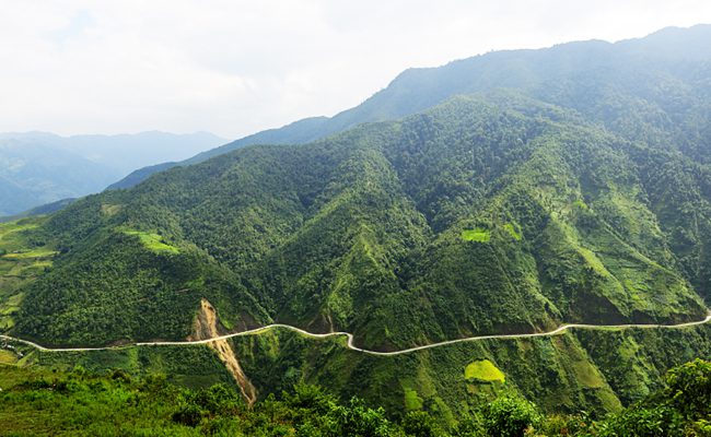 Khau Pha Pass road snaking above valleys near Mu Cang Chai