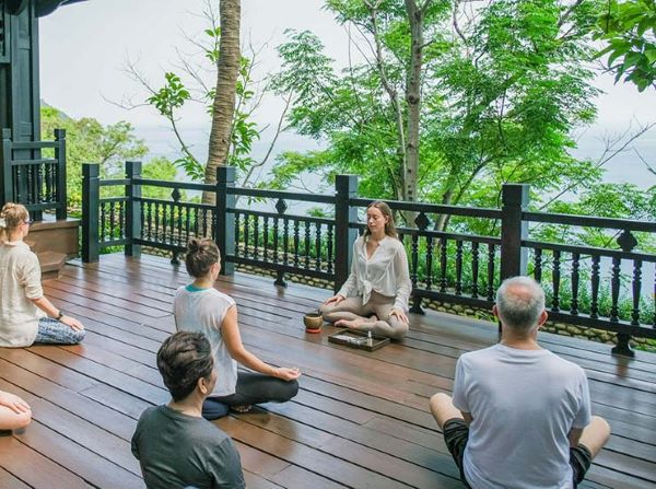 A group of people meditating with greenery setting