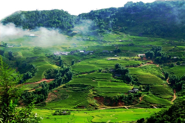 Mai Chau’s rice fields glow green beneath misty mountains during May in Vietnam.