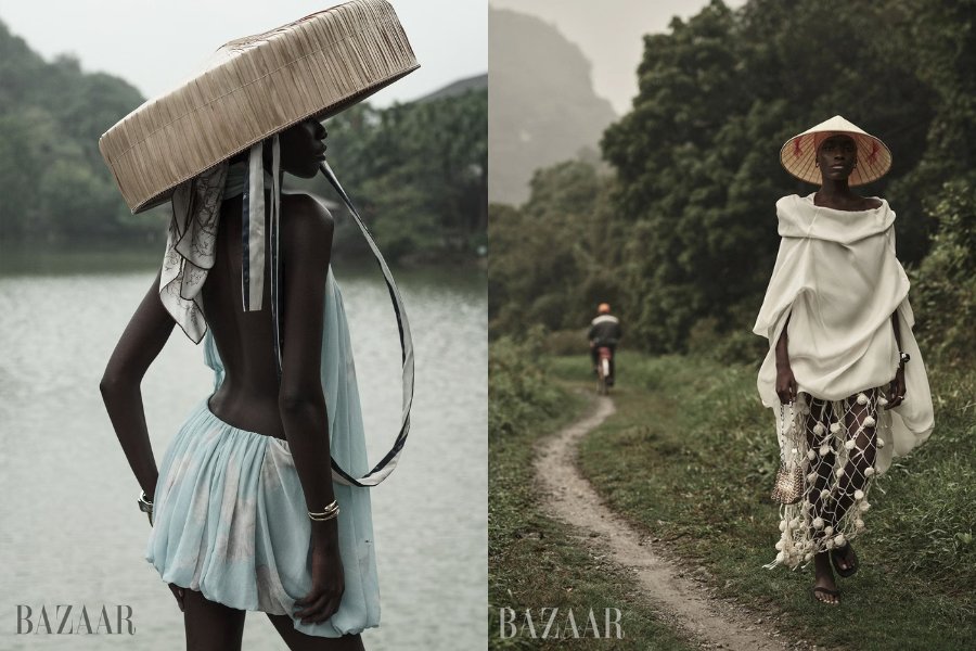 Model in elegant dress with nón lá in Tràng An, Ninh Bình, inspired by Harper’s Bazaar photoshoot for Ninh Bình travel.