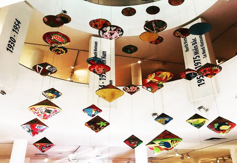 Numerous Vietnamese nón are hanged in the museum 