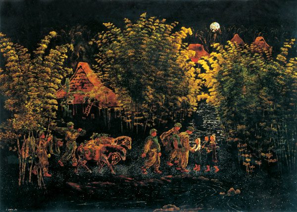 Passing old village (Lacquer painting) by Le Quoc Loc