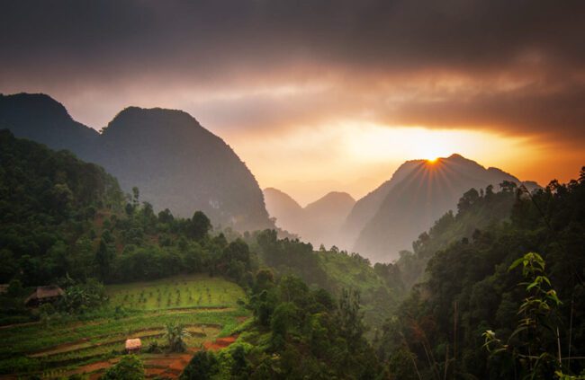 Sunrise on a mountain peak in Pu Luong Nature Reserve