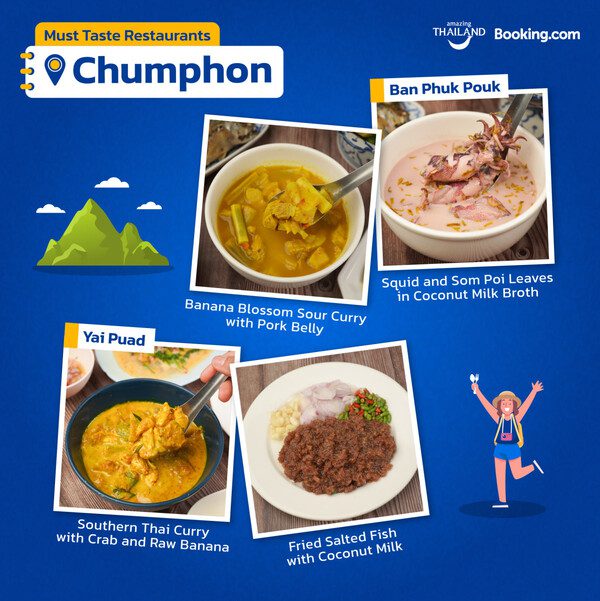 Chumphon invites you to enjoy diverse and delicious Thai cuisine, with an emphasis on fresh seafood, coconut milk and local spices.