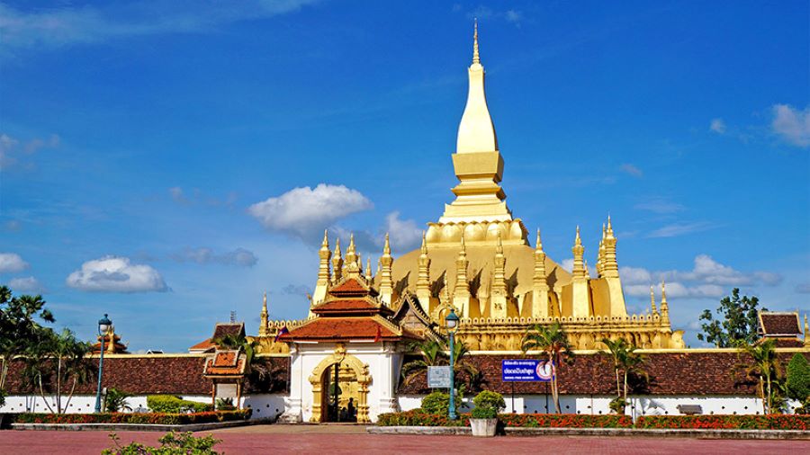 This is Pha That Luang, the Great Stupa in Vientiane, Laos. A national symbol and sacred Buddhist monument, it is believed to enshrine a relic of the Buddha and represents Lao sovereignty and spirituality.