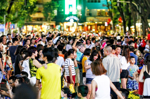 Hanoi walking street is crowded at weekend 