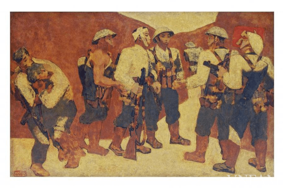 Ceremony admitting a new member to the Communist Party at Dien Bien Phu (Lacquer painting) by Nguyen Sang