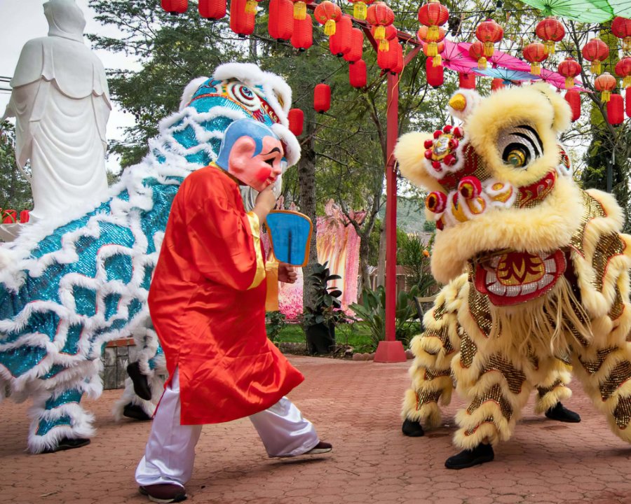 Performers in vibrant lion costumes and traditional masks entertain during a festive Vietnamese lion dance, surrounded by red lanterns and colorful decorations.